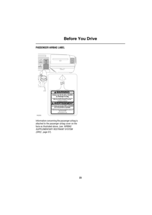 Page 24Before You Drive
23
PASSENGER AIRBAG LABEL
Information concerning the passenger airbag is 
attached to the passenger airbag cover on the 
facia as illustrated above, (see ‘AIRBAG 
SUPPLEMENTARY RESTRAINT SYSTEM 
(SRS)’, page 57).
H5255 