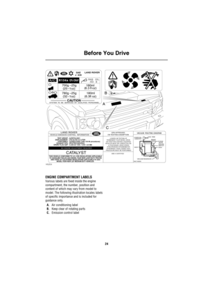 Page 25Before You Drive
24
ENGINE COMPARTMENT LABELS
Various labels are fixed inside the engine 
compartment, the number, position and 
content of which may vary from model to 
model. The following illustration locates labels 
of specific importance and is included for 
guidance only.
A.Air conditioning label
B.Keep clear of rotating parts
C.Emission control label
J
180ml 700g –25g
6.3 fl oz((25 –1oz) (
780g –25g
32 –1oz) (180ml 
6.3fl oz) (
CAUTION
SYSTEM  TO  BE  SERVICED  BY  QUALIFIED  PERSONNEL.
PAG   OIL...