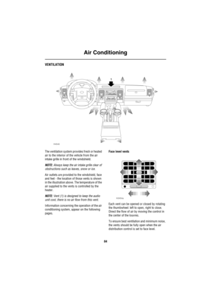 Page 85Air Conditioning
84
Air ConditioningVENTILATION
The ventilation system provides fresh or heated 
air to the interior of the vehicle from the air 
intake grille in front of the windshield. 
NOTE: Always keep the air intake grille clear of 
obstructions such as leaves, snow or ice.
Air outlets are provided to the windshield, face 
and feet - the location of those vents is shown 
in the illustration above. The temperature of the 
air supplied to the vents is controlled by the 
heater.
NOTE: Vent (1) is...