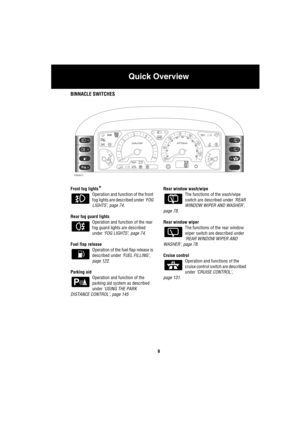 Page 10Quick Overview
9
BINNACLE SWITCHES
Front fog lights*
Operation and function of the front 
fog lights are described under ‘FOG 
LIGHTS’, page 74.
Rear fog guard lights
Operation and function of the rear 
fog guard lights are described 
under ‘FOG LIGHTS’, page 74.
Fuel flap release
Operation of the fuel flap release is 
described under ‘FUEL FILLING’, 
page 122.
Parking aid
Operation and function of the 
parking aid system as described 
under ‘USING THE PARK 
DISTANCE CONTROL’, page 145Rear window...