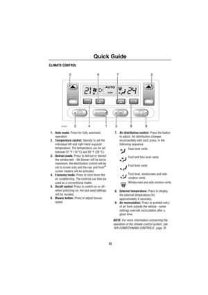 Page 14Quick Guide
13
CLIMATE CONTROL
1. Auto mode: Press for fully automatic 
operation.
2. Temperature control: Operate to set the 
individual left and right hand required 
temperature. The temperature can be set 
between 61 ºF (16 ºC) and 82 ºF (28 ºC). 
3. Defrost mode: Press to defrost or demist 
the windscreen - the blower will be set to 
maximum, the distribution control will be 
set to screen only and the rear and front
* 
screen heaters will be activated.
4. Economy mode: Press to shut down the 
air...