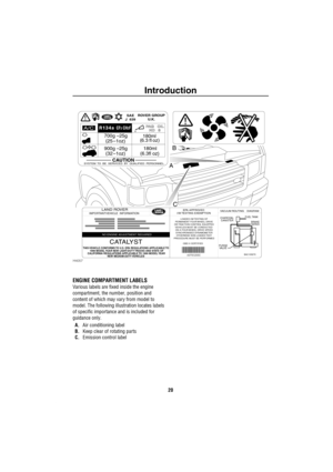 Page 21Introduction
20
ENGINE COMPARTMENT LABELS
Various labels are fixed inside the engine 
compartment, the number, position and 
content of which may vary from model to 
model. The following illustration locates labels 
of specific importance and is included for 
guidance only.
A.Air conditioning label
B.Keep clear of rotating parts
C.Emission control label
J
180ml 700g –25g
6.3 fl oz((25 –1oz) (
900g –25g
32 –1oz) (180ml 
6.3fl oz) (
CAUTION
SYSTEM  TO  BE  SERVICED  BY  QUALIFIED  PERSONNEL.
PAG   OIL
ND...