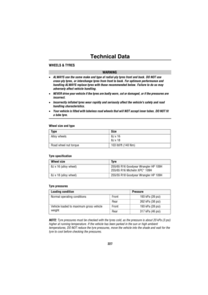 Page 228Technical Data
227
WHEELS & TYRES
WARNING
•ALWAYS use the same make and type of radial-ply tyres front and back. DO NOT use 
cross-ply tyres, or interchange tyres from front to back. For optimum performance and 
handling ALWAYS replace tyres with those recommended below. Failure to do so may 
adversely affect vehicle handling.
•NEVER drive your vehicle if the tyres are badly worn, cut or damaged, or if the pressures are 
incorrect.
•Incorrectly inflated tyres wear rapidly and seriously affect the...