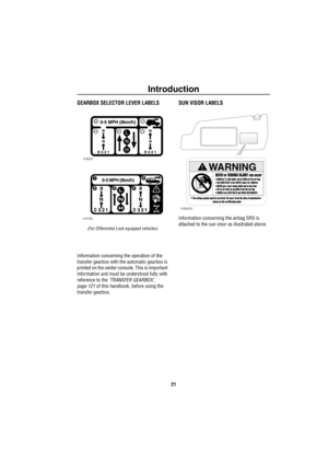 Page 22Introduction
21
GEARBOX SELECTOR LEVER LABELS
(For Differential Lock equipped vehicles).
Information concerning the operation of the 
transfer gearbox with the automatic gearbox is 
printed on the center console. This is important 
information and must be understood fully with 
reference to the ‘TRANSFER GEARBOX’, 
page 121 of this handbook, before using the 
transfer gearbox. 
SUN VISOR LABELS
Information concerning the airbag SRS is 
attached to the sun visor as illustrated above.
H4693
H4760
H2662A...