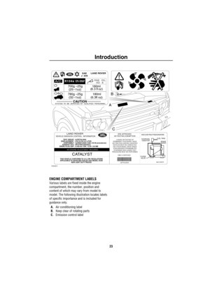 Page 24Introduction
23
ENGINE COMPARTMENT LABELS
Various labels are fixed inside the engine 
compartment, the number, position and 
content of which may vary from model to 
model. The following illustration locates labels 
of specific importance and is included for 
guidance only.
A.Air conditioning label
B.Keep clear of rotating parts
C.Emission control label
J
180ml 700g –25g
6.3 fl oz((25 –1oz) (
780g –25g
32 –1oz) (180ml 
6.3fl oz) (
CAUTION
SYSTEM  TO  BE  SERVICED  BY  QUALIFIED  PERSONNEL.
PAG   OIL
ND...