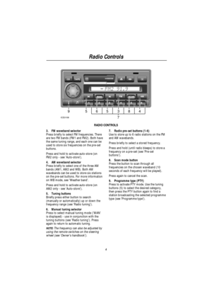 Page 6Radio Controls
4
MAN
3565948
7ICE0108
RADIO CONTROLS
3. FM waveband selector
Press briefly to select FM frequencies. There
are two FM bands (FM1 and FM2). Both have
the same tuning range, and each one can be
used to store six frequencies on the pre-set
buttons.
Press and hold to activate auto-store (on
FM2 only - see Auto-store).
4. AM waveband selector
Press briefly to select one of the three AM
bands (AM1, AM2 and WB). Both AM
wavebands can be used to store six stations
on the pre-set buttons. For more...