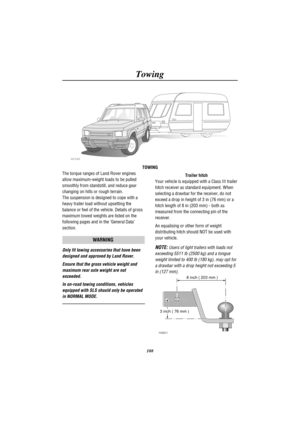 Page 111Towing
108
H2568
TOWING
The torque ranges of Land Rover engines
allow maximum-weight loads to be pulled
smoothly from standstill, and reduce gear
changing on hills or rough terrain.
The suspension is designed to cope with a
heavy trailer load without upsetting the
balance or feel of the vehicle. Details of gross
maximum towed weights are listed on the
following pages and in the General Data
section.
WARNING
Only fit towing accessories that have been
designed and approved by Land Rover.
Ensure that the...