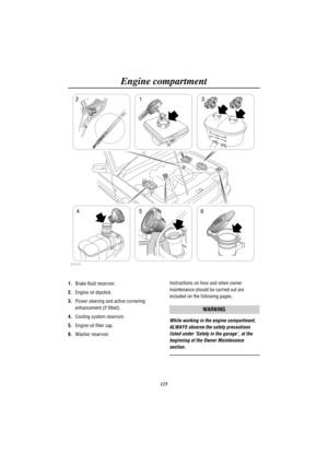 Page 128Engine compartment
125
3 21
6 5 4
H2534
MAX
MIN
1.Brake fluid reservoir.
2.Engine oil dipstick.
3.Power steering and active cornering
enhancement (if fitted).
4.Cooling system reservoir.
5.Engine oil filler cap.
6.Washer reservoir.Instructions on how and when owner
maintenance should be carried out are
included on the following pages.
WARNING
While working in the engine compartment,
ALWAYS observe the safety precautions
listed under Safety in the garage, at the
beginning of the Owner Maintenance
section. 