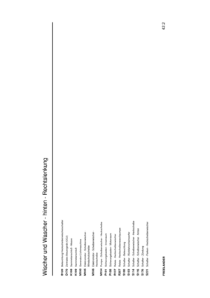 Page 90Wischer und Wascher - hinten - Rechtslenkung
42.2
FREELANDERB120
Beleuchtung Heckscheibenwischerschalter
D170
Zentrales Steuergerät (CCU)
K108
Sammelanschluß - Masse
K109
Sammelanschluß
M100
Generator/Lichtmaschine
M105
Elektromotor - Scheibenwischer -
Windschutzscheibe
M106
Elektromotor - Scheibenwischer -
Heckscheibe
M154
Pumpe - Scheibenwischer - Heckscheibe
P101
Sicherungskasten - Innenraum
P108
Sicherungskasten - Motorraum
R137
Relais - Heckscheibenwischer
R207
Relais - Heckscheibenwaschpumpe
S100...