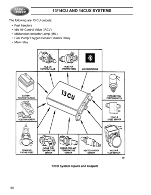 Page 213/14CU AND 14CUX SYSTEMS
80 The following are 13 CU outputs:
•  Fuel Injectors
•  Idle Air Control Valve (IACV)
•  Malfunction Indicator Lamp (MIL)
•  Fuel Pump/ Oxygen Sensor Heaters Relay
•  Main relay
13CU System Inputs and Outputs 