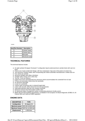 Page 2 
 
 
TECHNICAL FEATURES 
The technical features include: 
 
zAn eight cylinder 90 degree Enclosed V configuration liquid cooled aluminium cylinder block with cast iron 
liners  
zPistons are of open-ended skirt design, with two compression rings and a three piece oil control ring  
zTwo aluminium cylinder heads, each incorporating two hollow camshafts manufactured in chilled cast iron  
zFour valves per cylinder  
zAluminium graded valve lifters (shimless)  
zVariable Valve Timing (VVT) (inlet only)...