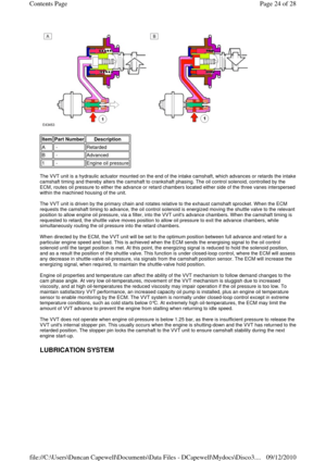 Page 24 
 
 
The VVT unit is a hydraulic actuator mounted on the end of the intake camshaft, which advances or retards the intake 
camshaft timing and thereby alters the camshaft to crankshaft phasing. The oil control solenoid, controlled by the 
ECM, routes oil pressure to either the advance or retard chambers located either side of the three vanes interspersed 
within the machined housing of the unit. 
 
The VVT unit is driven by the primary chain and rotates relative to the exhaust camshaft sprocket. When...