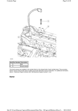 Page 8 
 
 
The knock sensors are installed in the cylinder block on the inboard side of each cylinder bank. They are piezo-
electric sensors that provide inputs to detect and locate detonation during combustion. For additional information, 
refer to   Electronic Engine Controls (303-14B Electronic Engine Controls - 4.4L) 
 
 
Starter 
Item Part Number Description 
1 -Bolt
2 -Knock sensor
Page 8 of 28 Contents Page
09/12/2010 file://C:\Users\Duncan Capewell\Documents\Data Files - DCapewell\Mydocs\Disco3.
... 