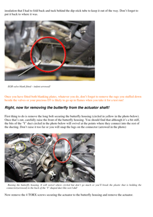 Page 7
insulation that I had to fold back and tuck behind the dip-stick tube to k eep it out of the way. Don’t forget to 
put it back to where it was.  
 
 EGR valve blank fitted – indent arrowed!   
Once you have fitted both blanking plates, whatever you do,  don’t forget to remove the rags you stuffed down 
beside the valves or your precious  D3 is likely to go up in flames when you take it for a test run! 
 
Right, now for removing the bu tterfly from the actuator shaft!  
First thing to do is remove the...