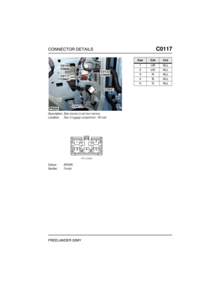 Page 248CONNECTOR DETAILSC0117
FREELANDER 02MY
C0 117
Description:Main harness to tail door harness
Location:Rear of luggage compartment - RH side
Colour:BROWN
Gender:Female
C0473
C0122C0609
C0144C0608
C0117C0607
C0551
P6806
CavColCct
1UBALL
2UGALL
3NALL
4BALL
5GALL 