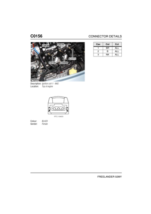 Page 271C0156CONNECTOR DETAILS
FREELANDER 02MY
C015 6
Description:Ignition coil-1 - NAS
Location:Top of engine
Colour:BLACK
Gender:Female
P6800
C0038C0276
C0556C0156
C1771
CavColCct
1BRALL
2BALL
3NKALL 