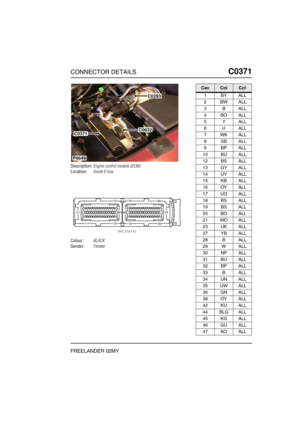 Page 382CONNECTOR DETAILSC0371
FREELANDER 02MY
C0 371
Description:Engine control module (ECM)
Location:Inside E-box
Colour:BLACK
Gender:Female
P6649
C0293
C0371C0932
CavColCct
1BYALL
2BWALL
3BALL
4BOALL
5YALL
6UALL
7WKALL
8SBALL
9BPALL
10 BU ALL
12 BS ALL
13 GY ALL
14 UY ALL
15 KB ALL
16 OY ALL
17 UG ALL
18 BS ALL
19 BS ALL
20 BO ALL
21 WO ALL
23 UK ALL
27 YB ALL
28 B ALL
29 W ALL
30 NP ALL
31 BU ALL
32 BP ALL
33 B ALL
34 UN ALL
35 UW ALL
36 GN ALL
38 OY ALL
42 KU ALL
44 BLG ALL
45 KG ALL
46 GU ALL
47 KO ALL 