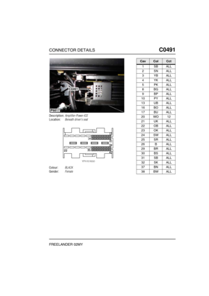 Page 426CONNECTOR DETAILSC0491
FREELANDER 02MY
C0 491
Description:Amplifier-Power-ICE
Location:Beneath drivers seat
Colour:BLACK
Gender:Female
C0491
P6817
CavColCct
1SBALL
2SNALL
3YBALL
4YKALL
5PKALL
8BGALL
9BPALL
10 PY ALL
13 UB ALL
16 BO ALL
17 BU ALL
20 WO 12
21 UK ALL
22 OB ALL
23 OK ALL
24 SW ALL
25 SR ALL
26 B ALL
29 BR ALL
30 BS ALL
31 SB ALL
32 SK ALL
37 BN ALL
38 BW ALL 