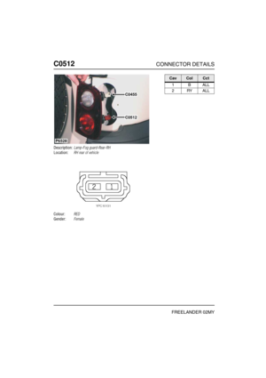 Page 431C0512CONNECTOR DETAILS
FREELANDER 02MY
C051 2
Description:Lamp-Fog guard-Rear-RH
Location:RH rear of vehicle
Colour:RED
Gender:Female
P6528
C0455
C0512
CavColCct
1BALL
2RYALL 