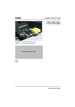 Page 535C0826CONNECTOR DETAILS
FREELANDER 02MY
C082 6
Description:Fuse box-Engine compartment - KV6
Location:Rear LH side of engine compartment
Colour:
Gender:
P6612
C0826C0578
CavColCct
1RALL 