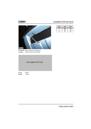 Page 539C0884CONNECTOR DETAILS
FREELANDER 02MY
C088 4
Description:Sensor-Ambient air temperature
Location:Behind LH side of front bumper
Colour:BLACK
Gender:Female
C0884
P6797
CavColCct
1SO18
2B18 