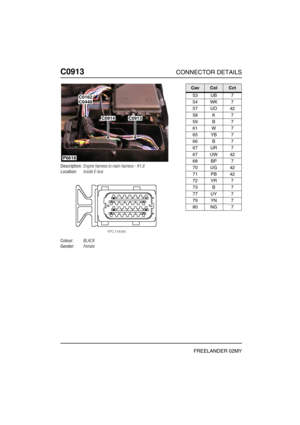 Page 543C0913CONNECTOR DETAILS
FREELANDER 02MY
C091 3
Description:Engine harness to main harness - K1.8
Location:Inside E-box
Colour:BLACK
Gender:Female
P6618
C0914
C0162C0448
C0913
CavColCct
53 UB 7
54 WK 7
57 UO 42
58 K 7
59 B 7
61 W 7
65 YB 7
66 B 7
67 UR 7
67 UW 42
68 BP 7
70 UG 42
71 PB 42
72 YR 7
73 B 7
77 UY 7
79 YN 7
80 NG 7 