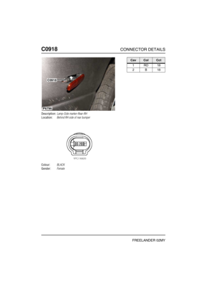 Page 547C0918CONNECTOR DETAILS
FREELANDER 02MY
C091 8
Description:Lamp-Side marker-Rear-RH
Location:Behind RH side of rear bumper
Colour:BLACK
Gender:Female
P6796
C0918
CavColCct
1RO18
2B18 