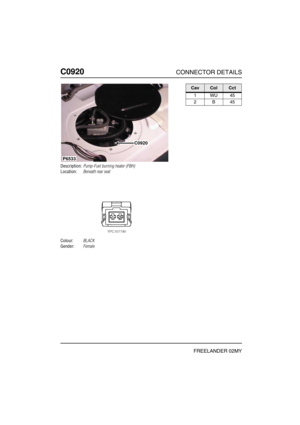 Page 549C0920CONNECTOR DETAILS
FREELANDER 02MY
C092 0
Description:Pump-Fuel burning heater (FBH)
Location:Beneath rear seat
Colour:BLACK
Gender:Female
C0920
P6533
CavColCct
1WU45
2B45 