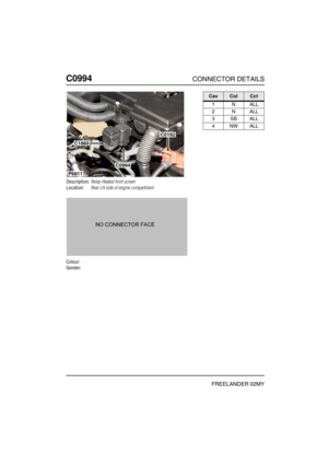 Page 563C0994CONNECTOR DETAILS
FREELANDER 02MY
C099 4
Description:Relay-Heated front screen
Location:Rear LH side of engine compartment
Colour:
Gender:
P6811
C0192
C0994
C1860
CavColCct
1NALL
2NALL
3SBALL
4NWALL 