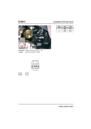 Page 577C1611CONNECTOR DETAILS
FREELANDER 02MY
C161 1
Description:Solenoid-Turbo boost control - Td4
Location:Lower rear of engine - RH side
Colour:BLACK
Gender:Female
P6602
C1611
CavColCct
1RWALL
2NWALL 