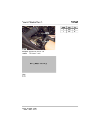 Page 578CONNECTOR DETAILSC1667
FREELANDER 02MY
C1 667
Description:Regulator-Fuel pressure - Td4
Location:Front of engine - centre
Colour:
Gender:
P6627
C1667
C0187
CavColCct
1RWALL
2NUALL 