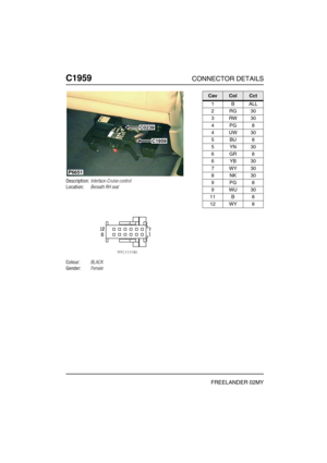 Page 589C1959CONNECTOR DETAILS
FREELANDER 02MY
C195 9
Description:Interface-Cruise control
Location:Beneath RH seat
Colour:BLACK
Gender:Female
P6651
C0239
C1959
CavColCct
1BALL
2RG30
3RW30
4PG8
4UW30
5BU8
5YN30
6GR8
6YB30
7WY30
8NK30
9PG8
9WU30
11 B 8
12 WY 8 