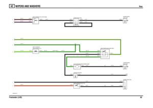 Page 84WIPERS AND WASHERS 
Rear
Freelander (LHD)83
42
Rear
VWR004400-A-02
21
87A87
86 85 30
3
1
2
GFEDACB
UPDOWN
C1967-1
C0723-1 C0294-14 C0294-5 C0354-1 C0354-3
C0354-4C0550-3
C0294-20 C0294-1
C0073-1
C0079-1
C0079-4 C0073-4
C1000-13 C1000-18 C0229-8 C0067-8C0936-2
C0936-4 C0936-6
C0936-8
C0723-7C0552-4 C0021-2 C0021-1SJ19
SJ1
A1 2
SWITCH-WINDOW-TAIL DOOR (S249)
0550 (K108)
HEADER-EARTH
SWITCH-WIPER-REAR (S116) REAR SCREEN (S114) SWITCH-WASHER-
RELAY-REAR WASH PUMP (R207)
MOTOR-WASHER-REAR SCREEN (M108)
HEADER...