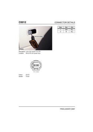 Page 185C0012CONNECTOR DETAILS
FREELANDER 03MY
C001 2
Description:Lamp-Side repeater-Front-RH
Location:Behind RH side repeater lamp
Colour:BLACK
Gender:Female
P6558
C0012
CavColCct
1GWALL
2BALL 