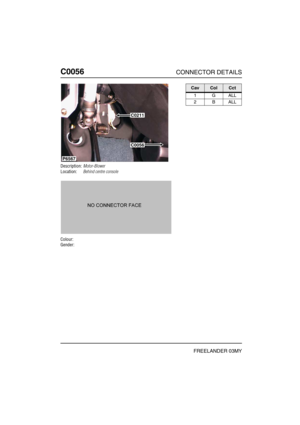 Page 209C0056CONNECTOR DETAILS
FREELANDER 03MY
C005 6
Description:Motor-Blower
Location:Behind centre console
Colour:
Gender:
P6567
C0211
C0056
CavColCct
1GALL
2BALL 