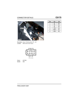 Page 278CONNECTOR DETAILSC0175
FREELANDER 03MY
C0 175
Description:Sensor-Throttle position (TP) - Td4
Location:Behind driver side of fascia
Colour:NATURAL
Gender:Male
C0175
P7099
CavColCct
1RYALL
2RNALL
4RUALL
5YRBALL
6 NRB ALL
8 URB ALL 