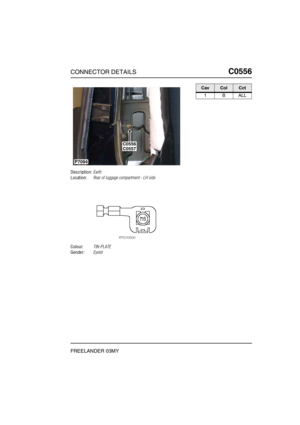 Page 464CONNECTOR DETAILSC0556
FREELANDER 03MY
C0 556
Description:Earth
Location:Rear of luggage compartment - LH side
Colour:TIN-PLATE
Gender:Eyelet
C0557C0556
P7094
CavColCct
1BALL 