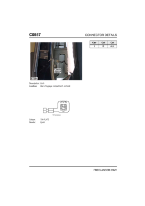 Page 465C0557CONNECTOR DETAILS
FREELANDER 03MY
C055 7
Description:Earth
Location:Rear of luggage compartment - LH side
Colour:TIN-PLATE
Gender:Eyelet
C0557C0556
P7094
CavColCct
1BALL 