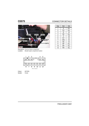 Page 479C0575CONNECTOR DETAILS
FREELANDER 03MY
C057 5
Description:Fuse box-Engine compartment
Location:Beneath engine compartment fusebox
Colour:NATURAL
Gender:Female
P6635
C0577
C0576C0574C0575
C0573
C0571C0570
C0572
CavColCct
1GALL
2GUALL
3W30
4NKALL
5R28
6NY30
7WN30
8NK23
9BPALL
10 BR ALL
12 RN ALL 