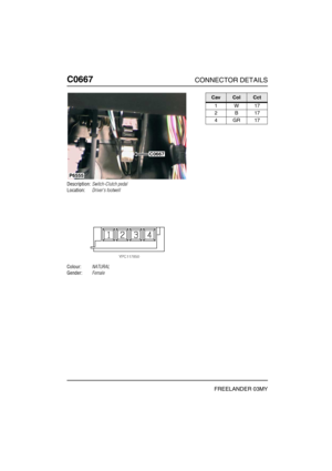 Page 519C0667CONNECTOR DETAILS
FREELANDER 03MY
C066 7
Description:Switch-Clutch pedal
Location:Drivers footwell
Colour:NATURAL
Gender:Female
P6555
C0667
CavColCct
1W17
2B17
4GR17 