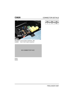 Page 539C0826CONNECTOR DETAILS
FREELANDER 03MY
C082 6
Description:Fuse box-Engine compartment - NAS
Location:Rear LH side of engine compartment
Colour:
Gender:
C0578
C0826
P6792
CavColCct
1RALL 