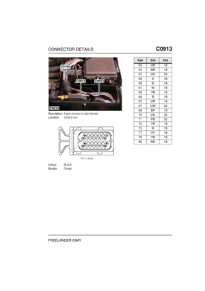 Page 548CONNECTOR DETAILSC0913
FREELANDER 03MY
C0 913
Description:Engine harness to main harness
Location:Inside E-box
Colour:BLACK
Gender:Female
P6618
C0914
C0162C0448
C0913
CavColCct
53 UB 18
54 WK 18
57 UO 32
58 K 18
59 B 18
61 W 18
65 YB 18
66 B 18
67 UR 18
67 UW 32
68 BP 18
70 UG 32
71 PB 32
72 YR 18
73 B 18
77 UY 18
79 YN 18
80 NG 18 