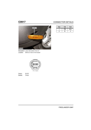 Page 551C0917CONNECTOR DETAILS
FREELANDER 03MY
C091 7
Description:Lamp-Side marker-Front-LH
Location:Behind LH side of front bumper
Colour:BLACK
Gender:Female
C0917
P6799
CavColCct
1RBALL
2B4 