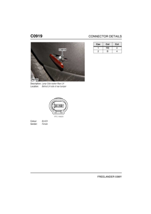 Page 553C0919CONNECTOR DETAILS
FREELANDER 03MY
C091 9
Description:Lamp-Side marker-Rear-LH
Location:Behind LH side of rear bumper
Colour:BLACK
Gender:Female
P6794
C0919
CavColCct
1RB4
2B4 