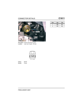 Page 578CONNECTOR DETAILSC1611
FREELANDER 03MY
C1 611
Description:Solenoid valve-Boost Control
Location:Lower rear of engine - RH side
Colour:BLACK
Gender:Female
P6602
C1611
CavColCct
1RWALL
2NWALL 