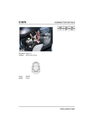 Page 593C1879CONNECTOR DETAILS
FREELANDER 03MY
C187 9
Description:Heater-PTC
Location:Behind centre of fascia
Colour:BROWN
Gender:Female
C1879
C1878
C1877
P7097
CavColCct
3BPALL 