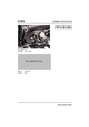 Page 599C1972CONNECTOR DETAILS
FREELANDER 03MY
C197 2
Description:Earth
Location:Top of engine
Colour:TIN-PLATE
Gender:Eyelet
P6573
C1972
C0521C0171CavColCct
1B34 