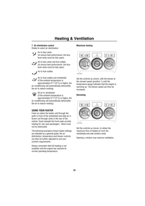 Page 79Heating & Ventilation
78
7. Air distribution control
Rotate to select air distribution:
Air to face vents
(to ensure best performance, the face 
level vents must be fully open)
Air to face vents and foot outlets
(to ensure best performance, the face 
level vents must be fully open)
Air to foot outlets
Air to foot outlets and windshield
(if the ambient temperature is 
approximately 41º F (5º C) or higher, the 
air conditioning will automatically dehumidify 
the air to reduce misting).
All air to...