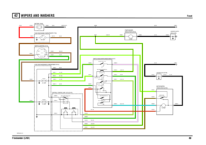 Page 81WIPERS AND WASHERS 
Front
Freelander (LHD)80
42
WIP ERS AND  WASHERSFront
VWR004391-A-01
432 1432 1432 1432 12121
21
IN2 IN1
2A 2B
1
POS4-CRANKPOS3-IGN POS2-AUX
- +
- +
87A87 86 85
30
VARIABLE WIPE (Y149)
C1967-1
EARTH (E107)
12 VOL TS
C0563-1
HILOW (Y153) INTERMITTENT (Y152)
10 AMP
0552 (K108) HEADER-EARTH
15 AMPFUSE 8
RELAY-FRONT WIPER (R134)
LINK 360 AMP20 AMPFUSE 1
WINDSCREEN (S293)SWITCH-PARK
5
SWITCH-F LICK WIPE  (S119)SWITCH-WIPER-FRONT (S115) FRONT  WIPER 3 (Y 154) FRONT  WIPER 2 (Y 151)FRONT...