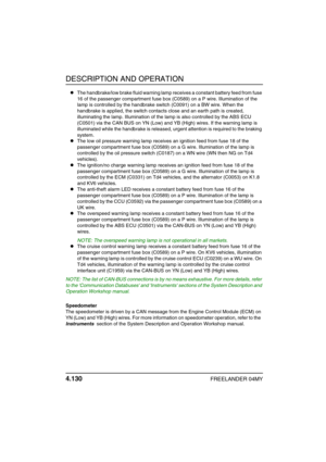 Page 159DESCRIPTION AND OPERATION
4.130FREELANDER 04MY
zThe handbrake/low brake fluid warning lamp receives a constant battery feed from fuse 
16 of the passenger compartment fuse box (C0589) on a P wire. Illumination of the 
lamp is controlled by the handbrake switch (C0091) on a BW wire. When the 
handbrake is applied, the switch contacts close and an earth path is created, 
illuminating the lamp. Illumination of the lamp is also controlled by the ABS ECU 
(C0501) via the CAN BUS on YN (Low) and YB (High)...